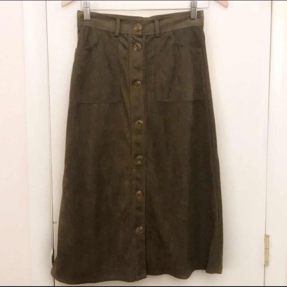 Suede, mid calf, Button Down Skirt